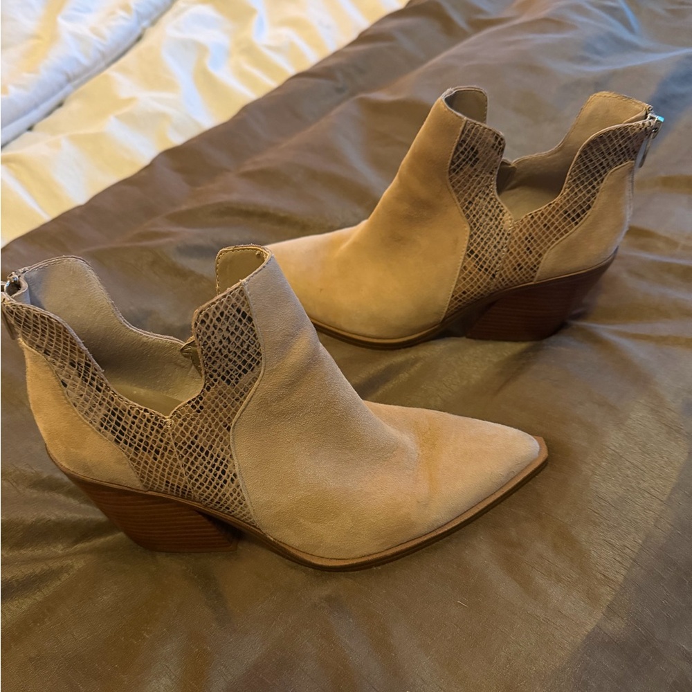 Beige and Brown Ankle Boots with snakeskin accents